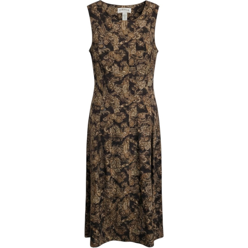 Orvis Paisley Midi Dress Womens 12 Brown Sleeveless Button Front Boho Cottage